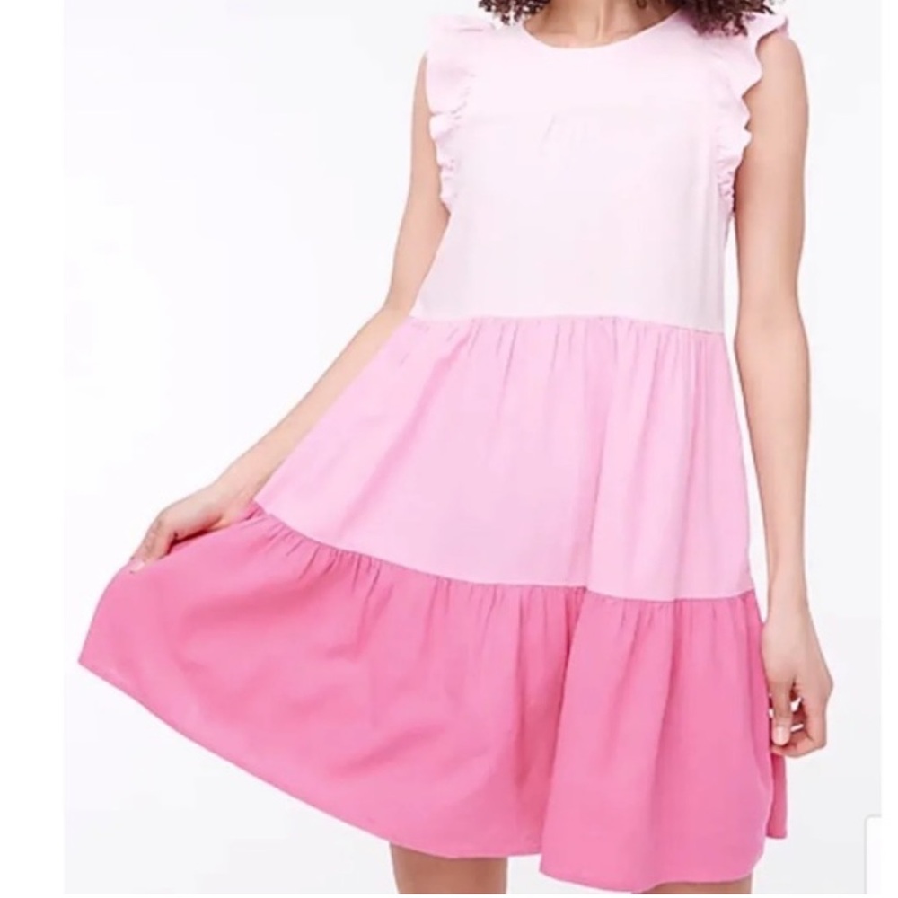 J. Crew Linen Blend Ruffle Sleeve Tiered Mini Dress With Pockets Size 4 Pink
